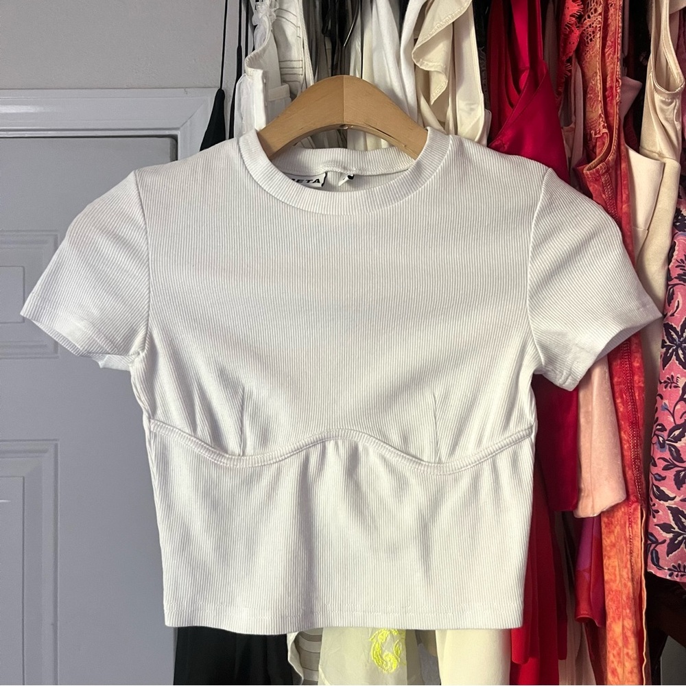 ZEMETA white crew neck‎ rib knit cropped baby short sleeve tee